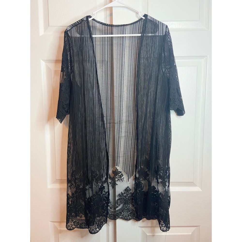 Black Sheer Mesh Floral Lace Trim Whimsigoth Kimono Cardigan Open Front Medium